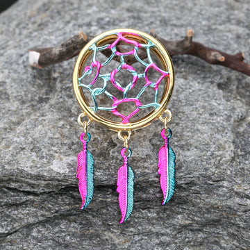 A Pair of Golden Dreamcatcher Feather Dangle Steel Ear Gauge Plug